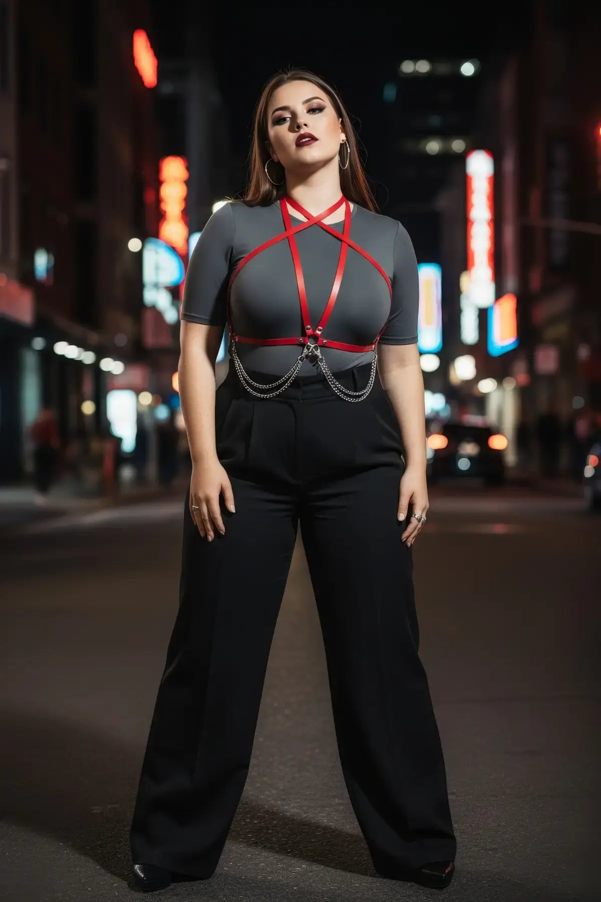 Plus Size Red Cross-Strap Harness with Chain Drop by HarnessClub, vegan leather worn by model on a city street at night