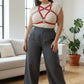 Plus size red crossing cage harness over beige knit top; vegan leather body accessory by HarnessClub