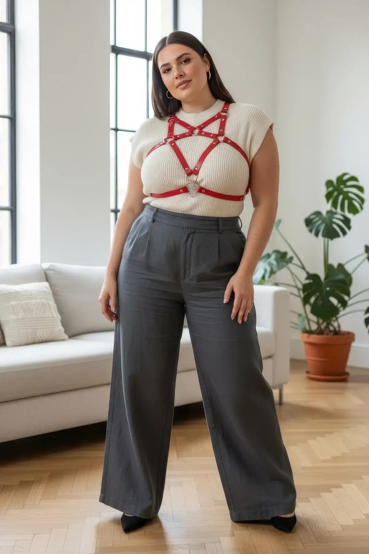 Plus size red crossing cage harness over beige knit top; vegan leather body accessory by HarnessClub