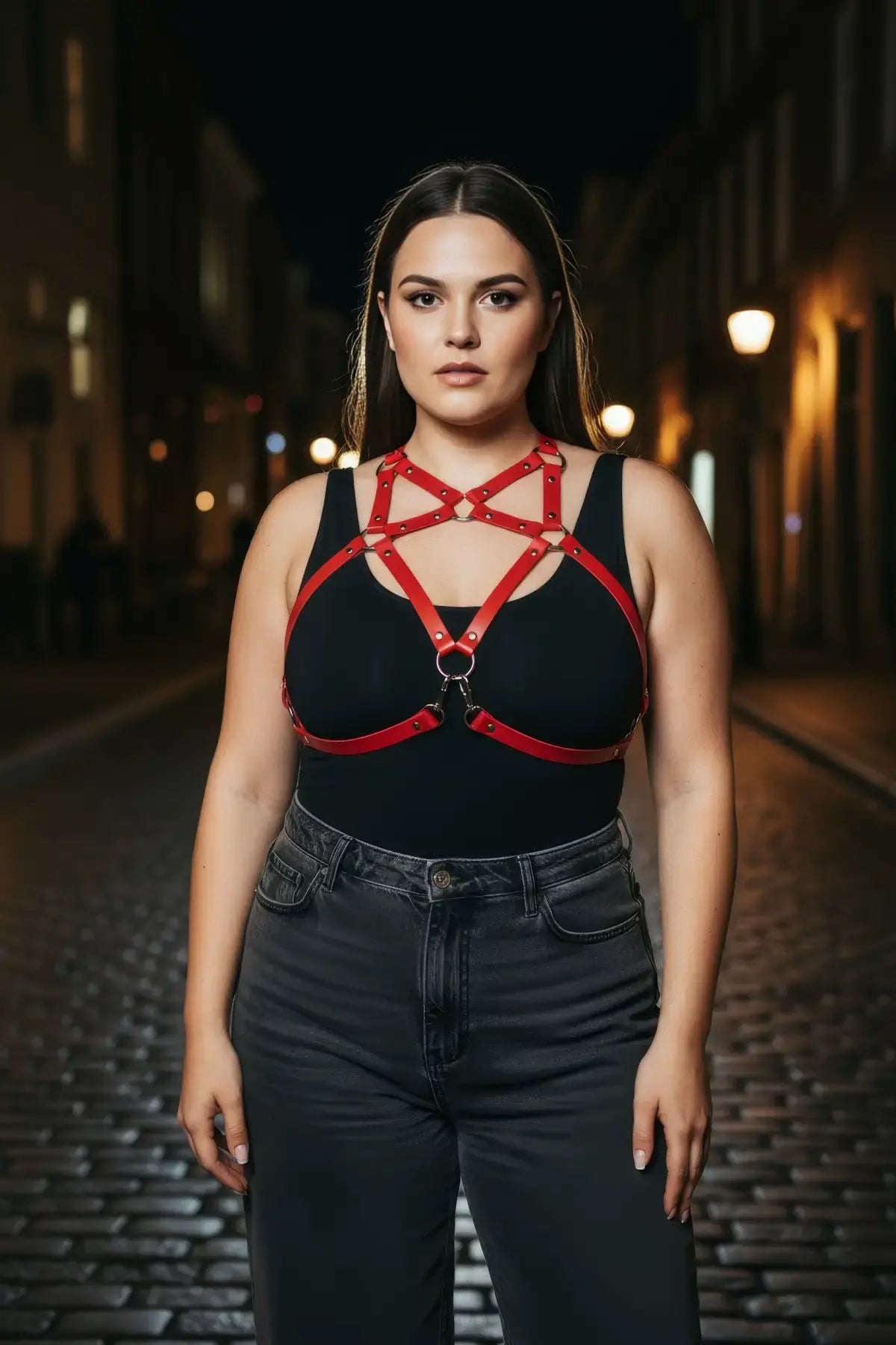 Plus Size Red Crossing Cage Harness by HarnessClub, red vegan leather straps cross over black top