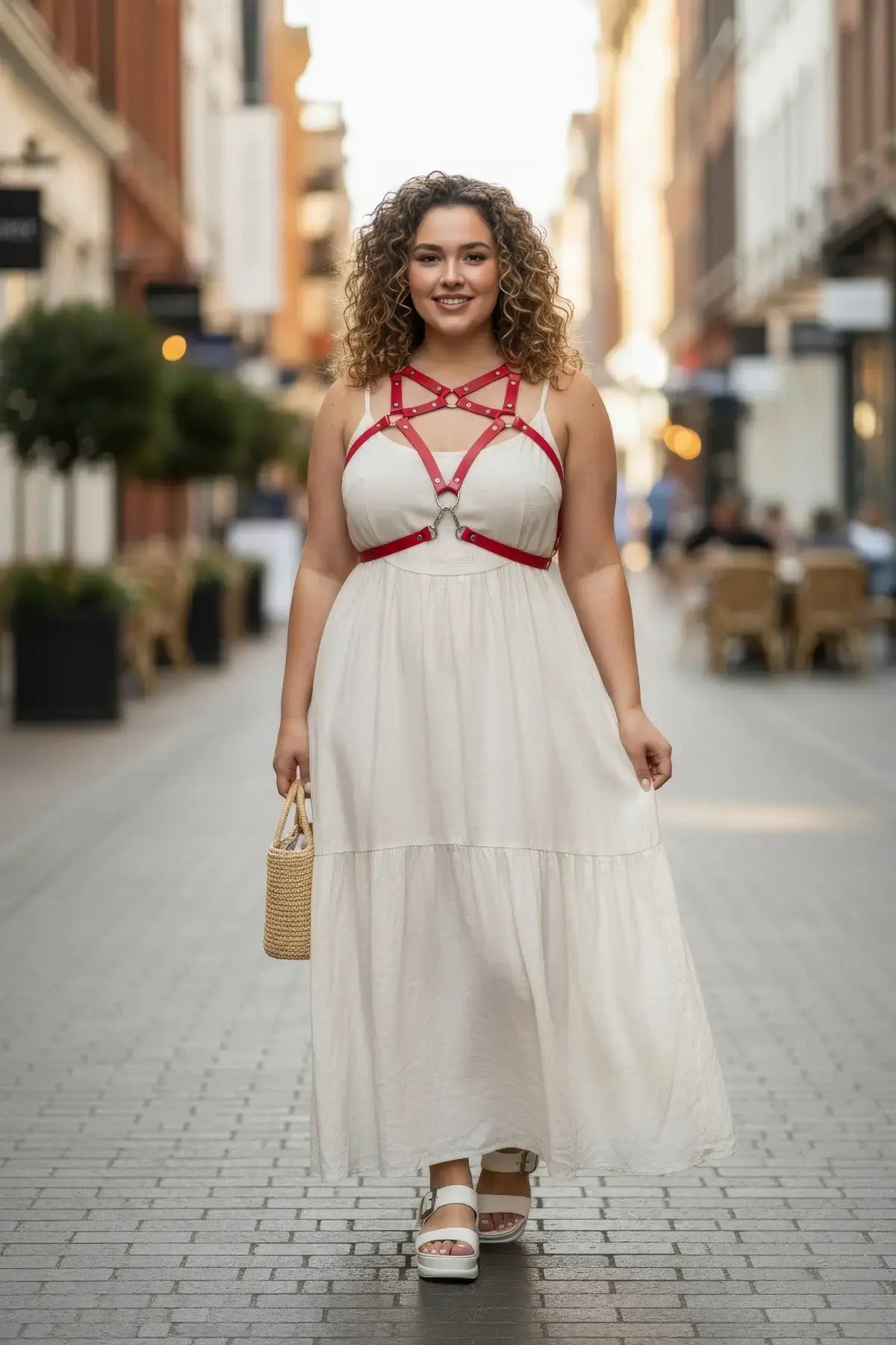 Plus Size Red Crossing Cage Harness worn over white dress; vegan leather by HarnessClub.