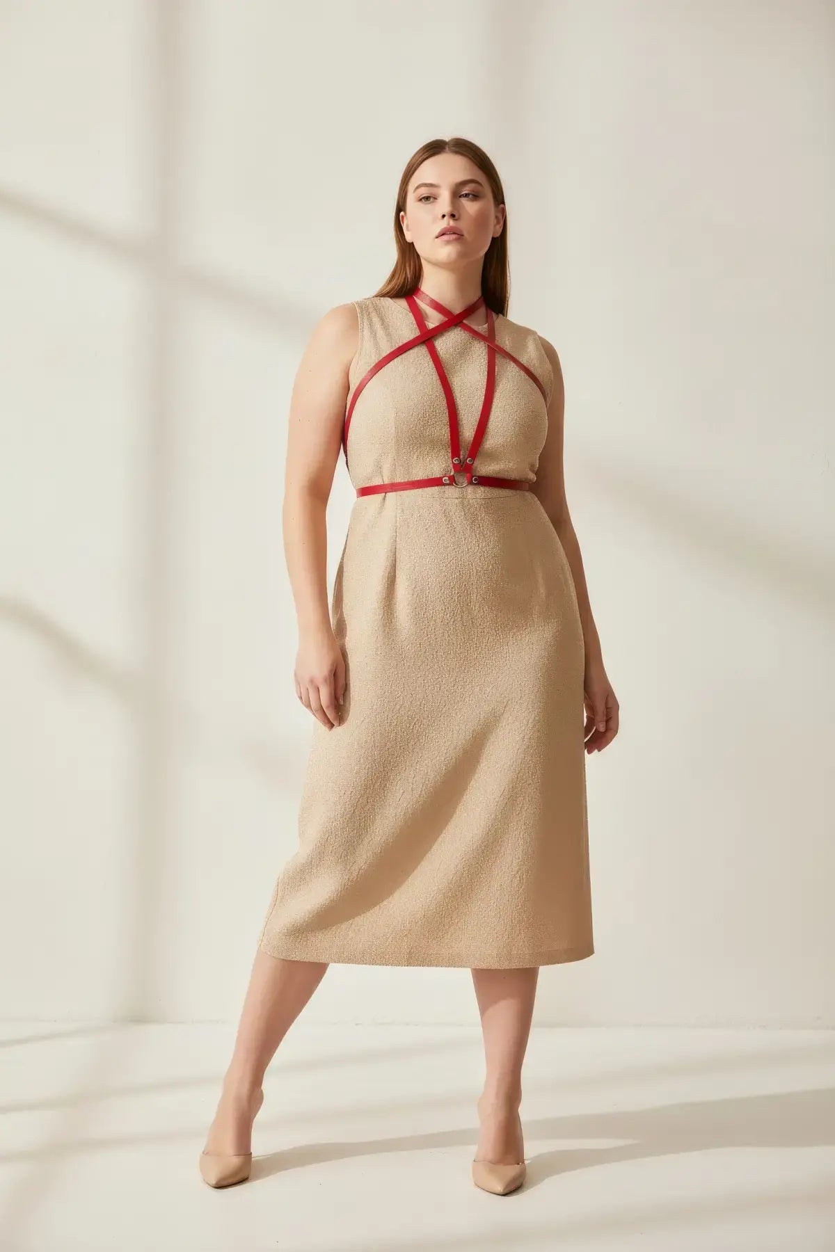 Plus-size red cross-strap chest harness by HarnessClub, vegan leather body accessory.
