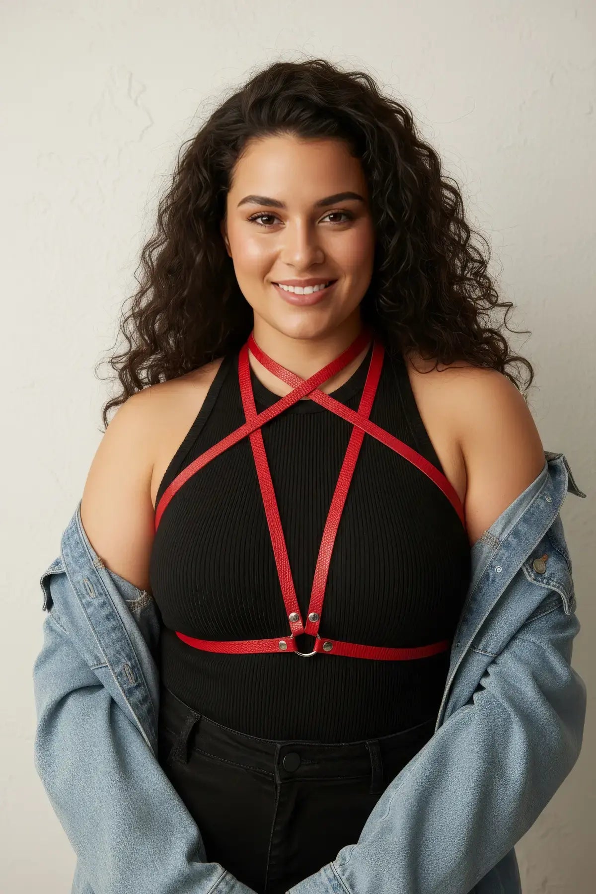 Plus-size red crossing-strap chest harness by HarnessClub, vegan leather over a black top.