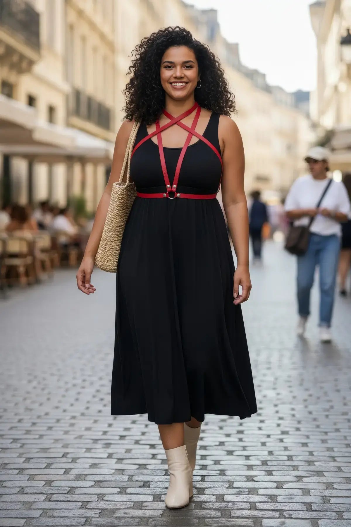 Plus Size Red Crossing-Strap Chest Harness in vegan leather worn over a black dress