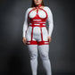Plus-size red vegan-leather harness bodysuit with halter collar and cutout panels on white base