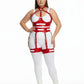 Plus-size red cutout panel harness bodysuit with halter collar in vegan leather by HarnessClub