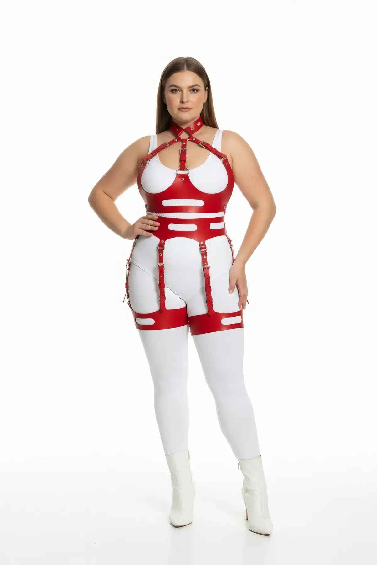 Plus-size red cutout panel harness bodysuit with halter collar in vegan leather by HarnessClub