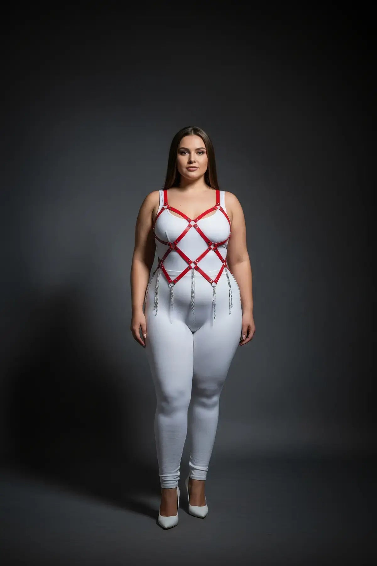 Plus Size Red Diamond-Cage Chain-Fringe Chest Harness in vegan leather, worn over a white bodysuit.
