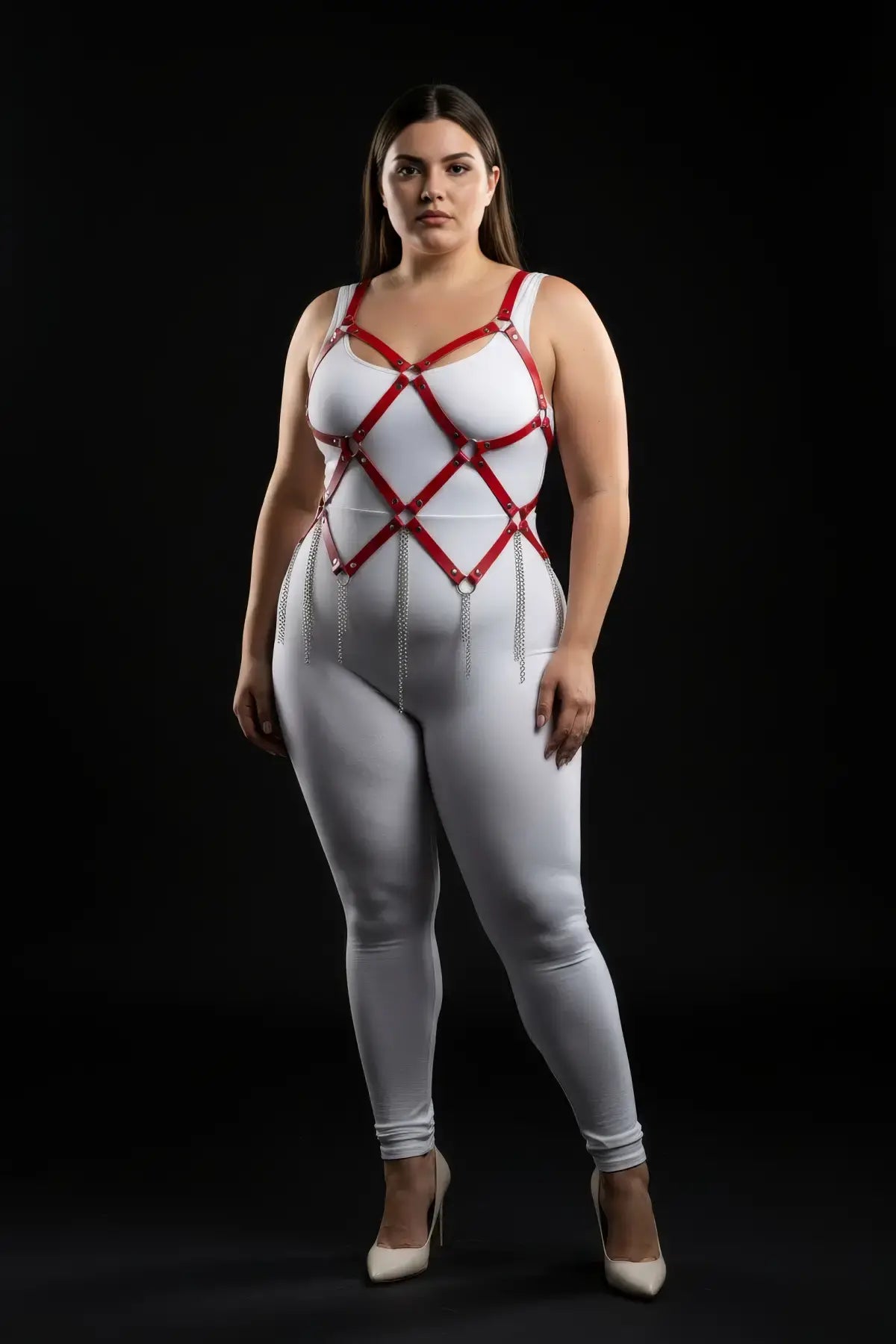 Plus-size red diamond-cage chain-fringe chest harness in vegan leather by HarnessClub.