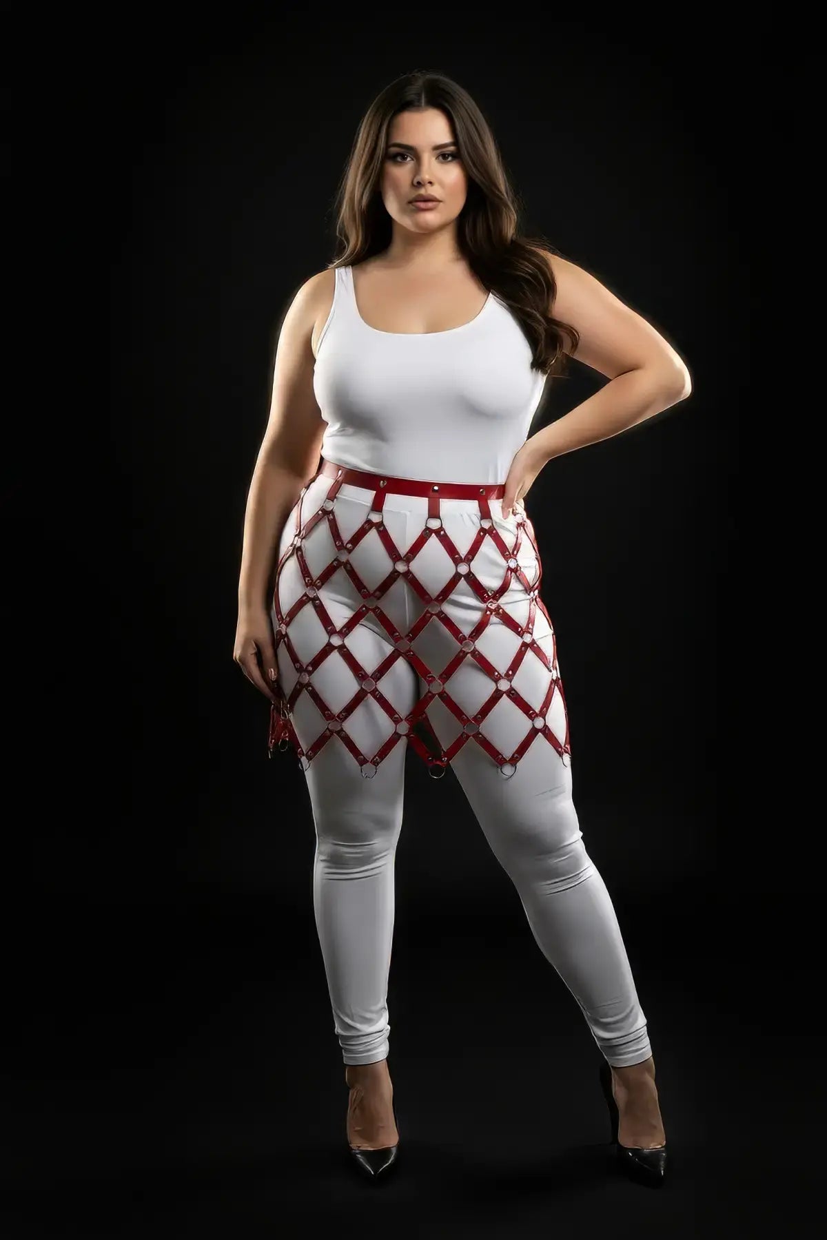 Harness skirt, plus-size, red vegan leather with a diamond cage lattice pattern