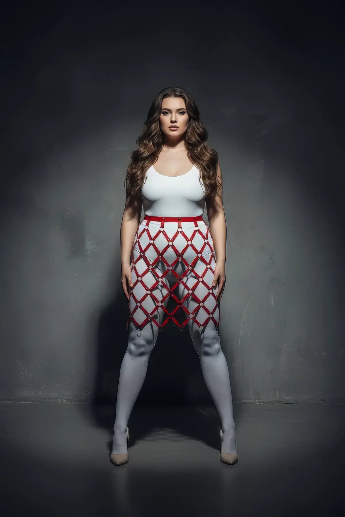 Plus Size Red Diamond Cage Lattice Harness Skirt by HarnessClub, red vegan leather lattice body accessory.