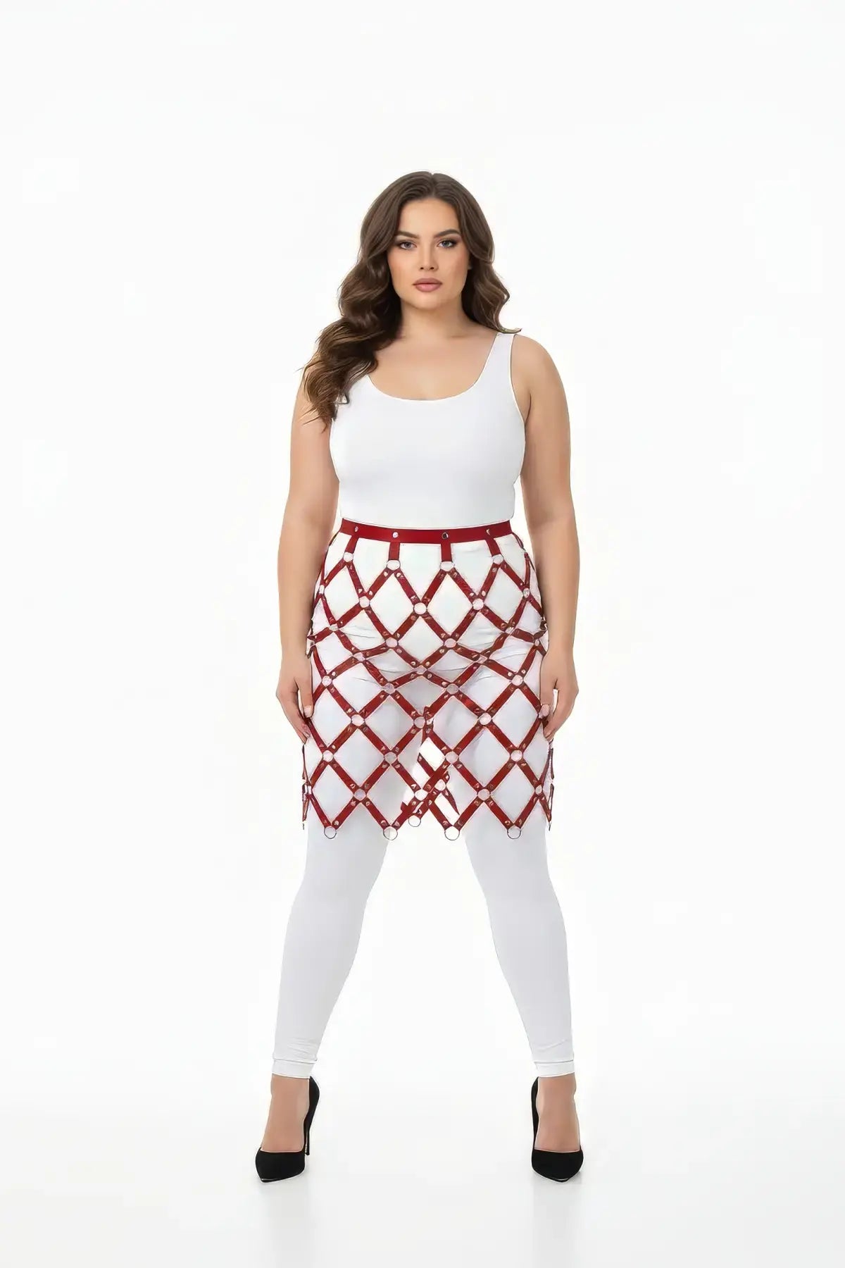Harness skirt red vegan leather diamond cage lattice by HarnessClub