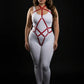 Plus Size Red Diamond Full-Body Harness by HarnessClub in vegan leather, worn over a white bodysuit.