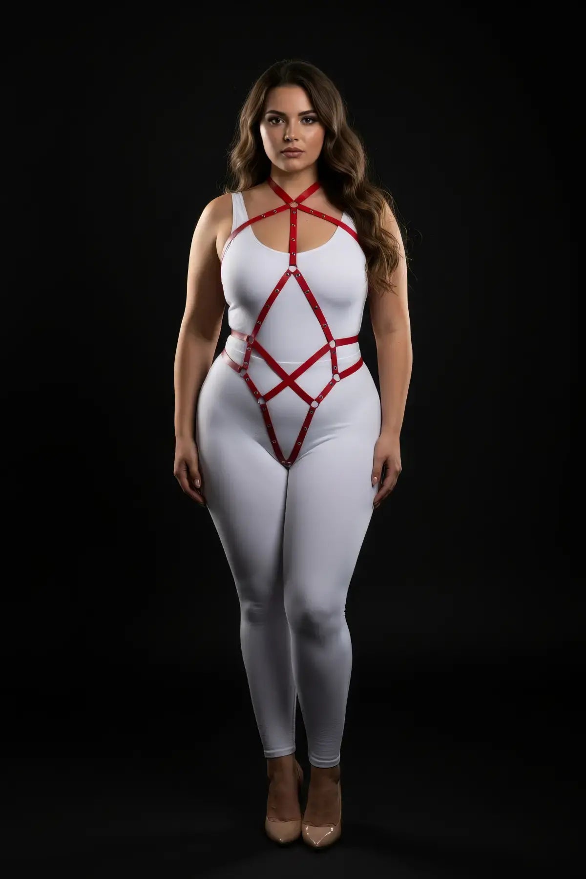 Plus Size Red Diamond Full-Body Harness by HarnessClub in vegan leather, worn over a white bodysuit.