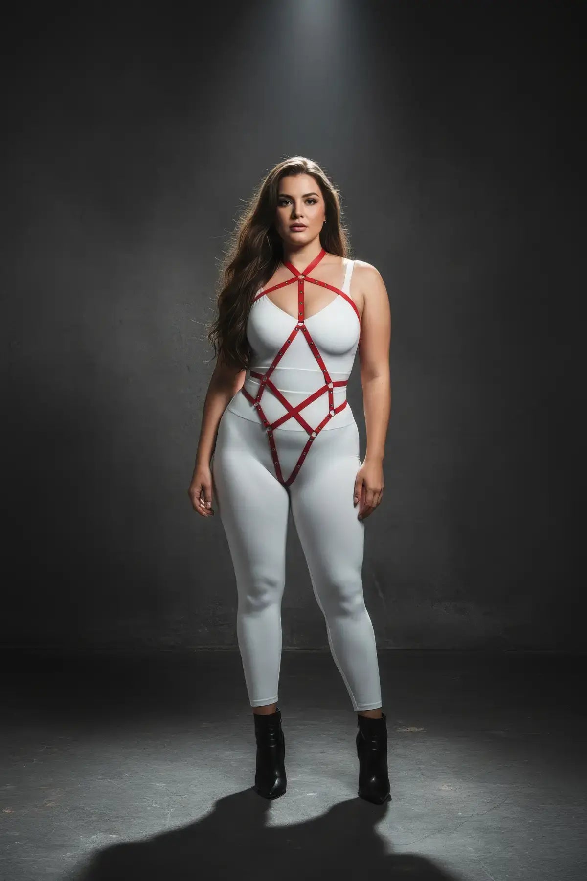 Plus Size Red Diamond Full Body Harness by HarnessClub, vegan leather with diamond-pattern red straps.