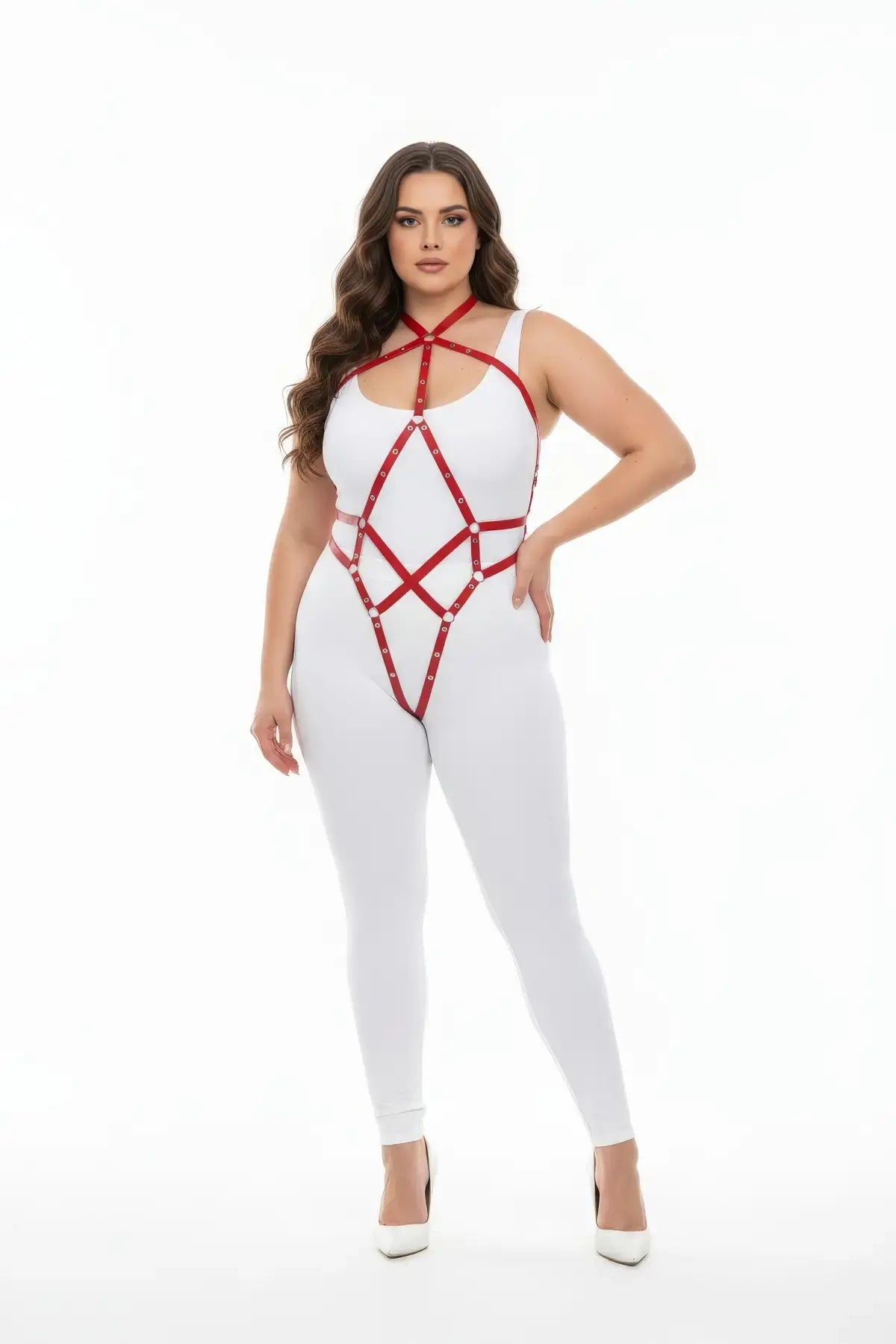 Plus Size Red Diamond Full Body Harness in vegan leather by HarnessClub