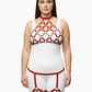 Plus Size Red Diamond Lattice Cage Harness Set by HarnessClub, vegan leather, red chest and leg harness on model.