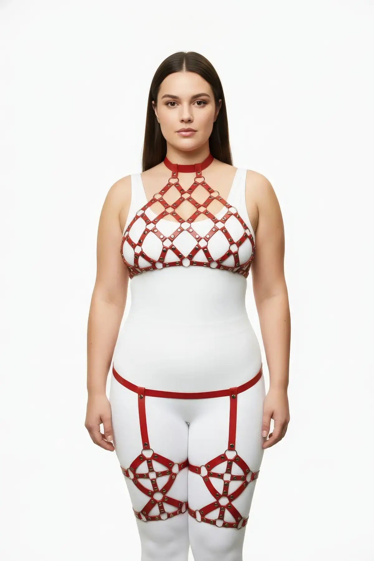 Plus Size Red Diamond Lattice Cage Harness Set by HarnessClub, vegan leather, red chest and leg harness on model.
