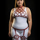 Plus Size Red Diamond Lattice Cage Harness Set made of vegan leather, worn over a white bodysuit.