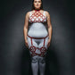 Plus Size Red Diamond Lattice Cage Harness Set in vegan leather, worn over a white bodysuit.