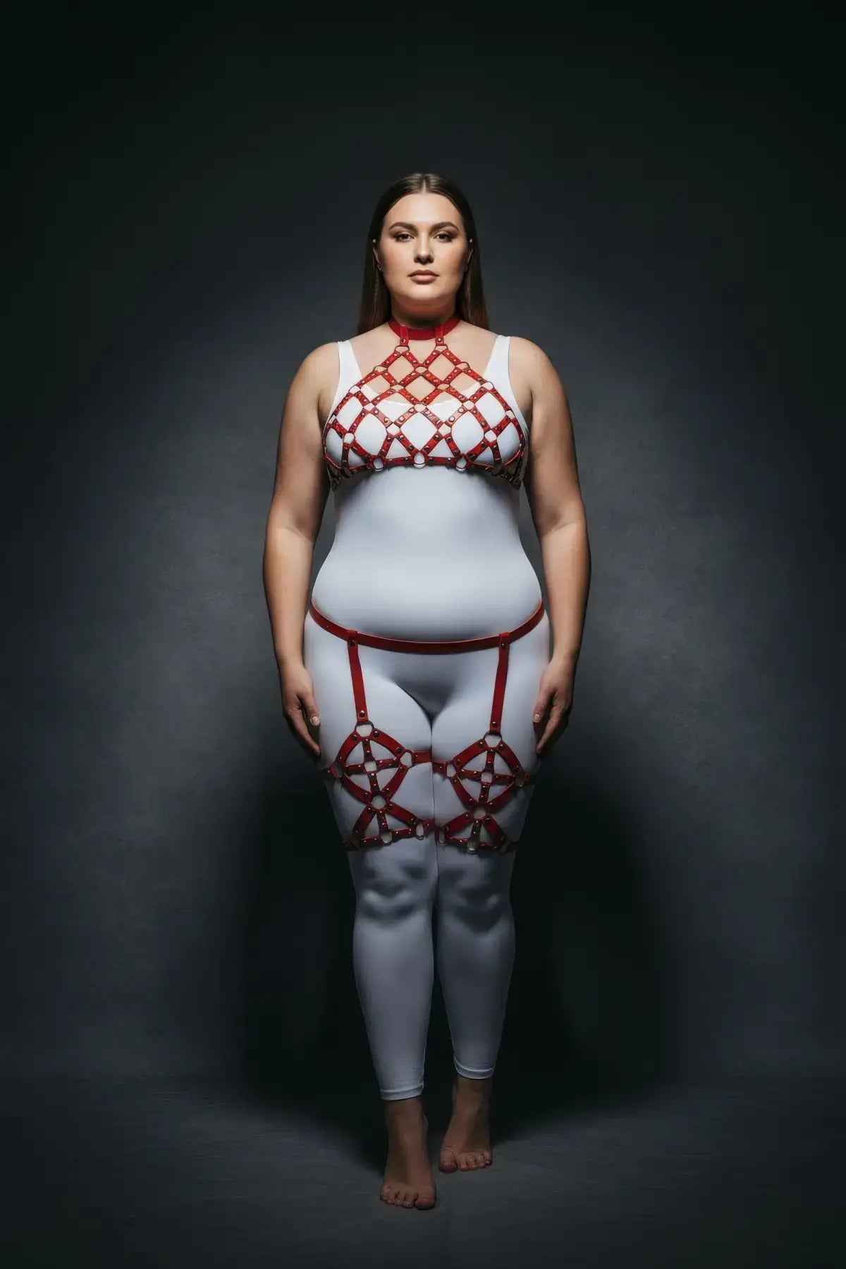 Plus Size Red Diamond Lattice Cage Harness Set in vegan leather, worn over a white bodysuit.