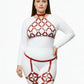 Plus size red vegan leather diamond lattice cage harness set worn by model with thigh straps