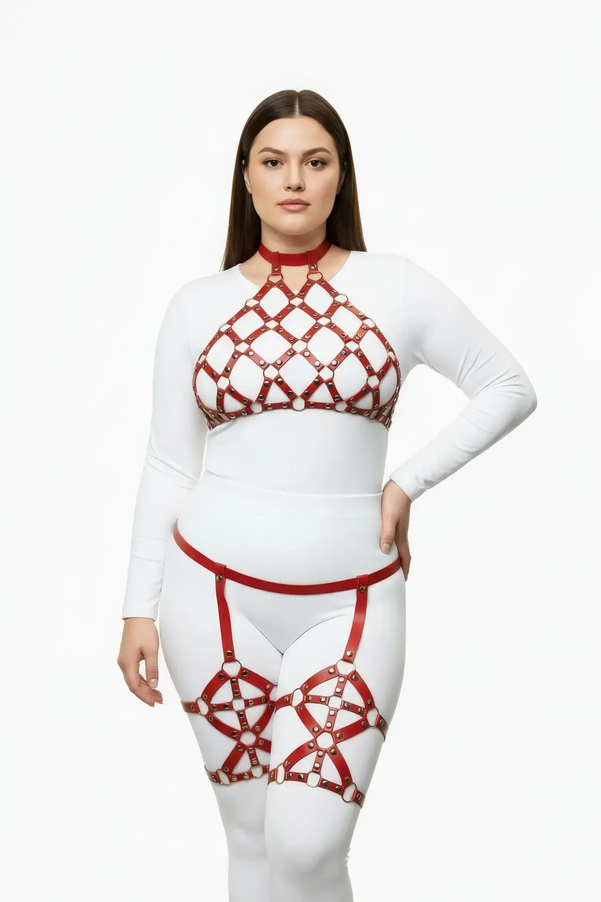 Plus size red vegan leather diamond lattice cage harness set worn by model with thigh straps