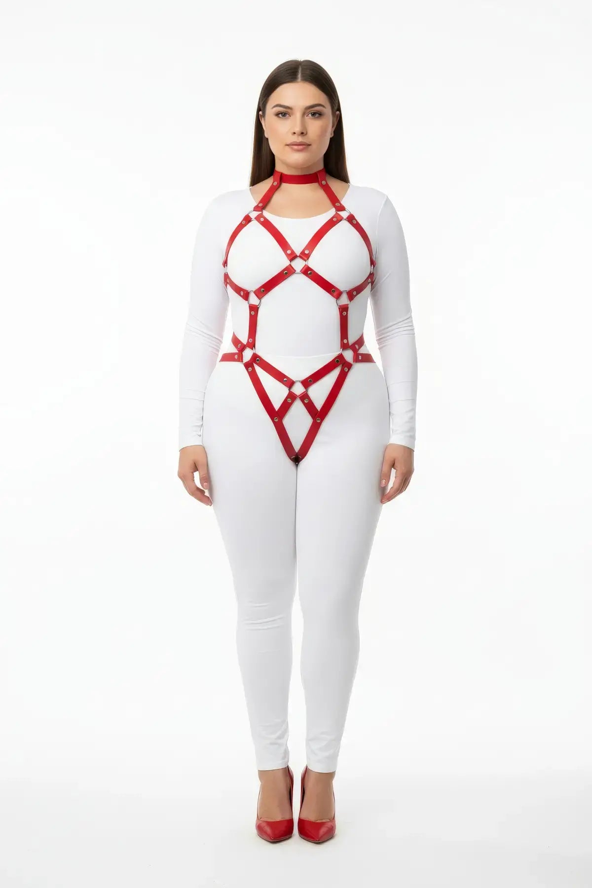 Plus Size red diamond lattice torso cage harness in vegan leather by HarnessClub