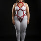 Plus Size Red Diamond Lattice Torso Cage Harness over a white bodysuit in vegan leather