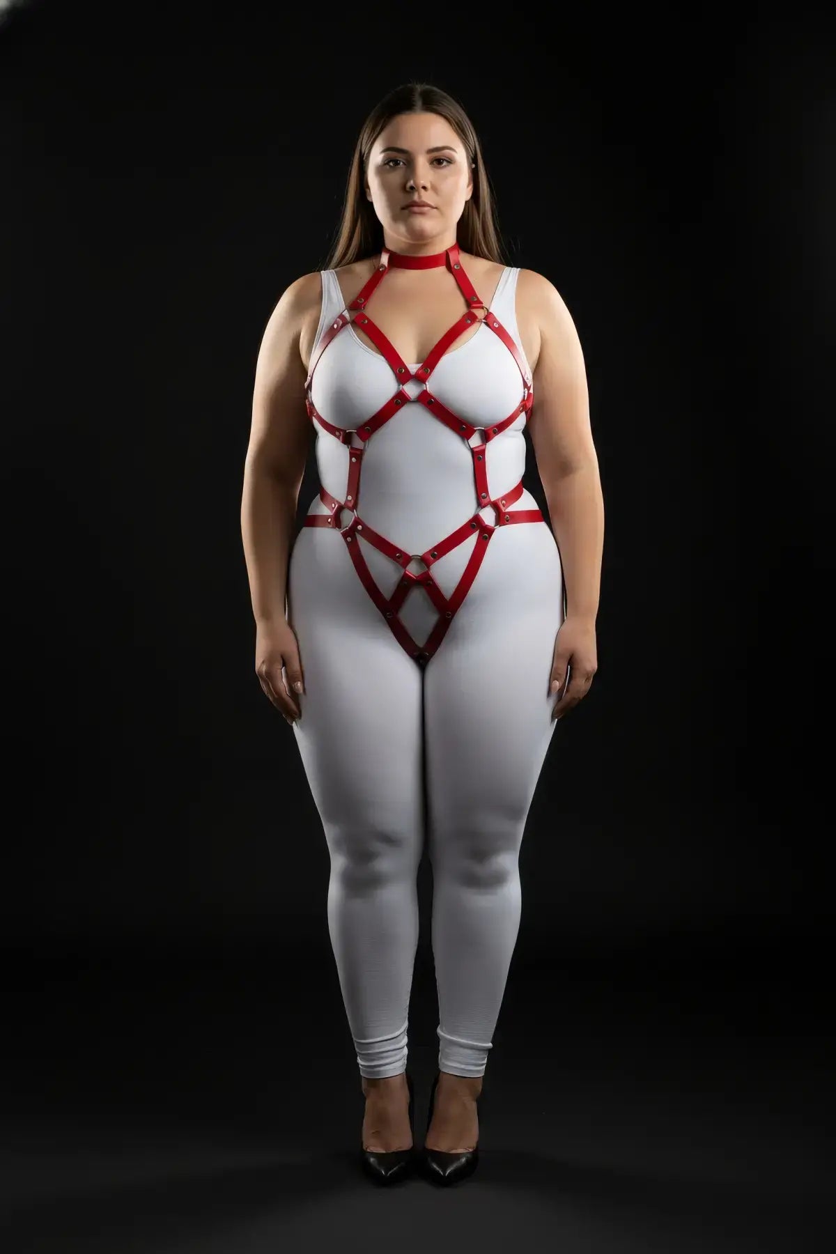 Plus Size Red Diamond Lattice Torso Cage Harness over a white bodysuit in vegan leather