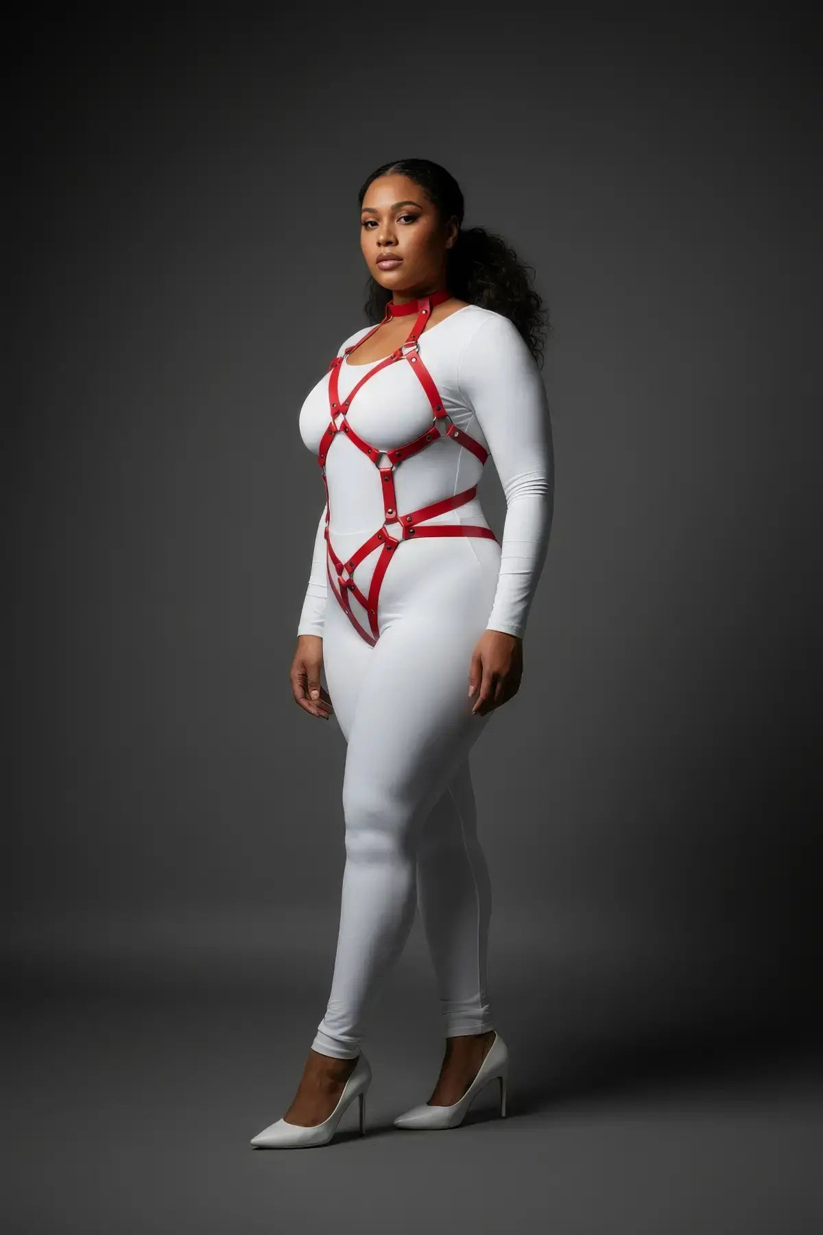 Plus Size Red Diamond Lattice Torso Cage Harness by HarnessClub in vegan leather