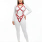 Plus-size red vegan leather torso cage harness with diamond lattice over white bodysuit by HarnessClub