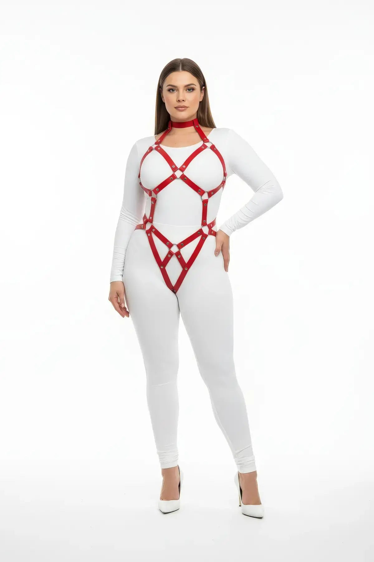 Plus-size red vegan leather torso cage harness with diamond lattice over white bodysuit by HarnessClub