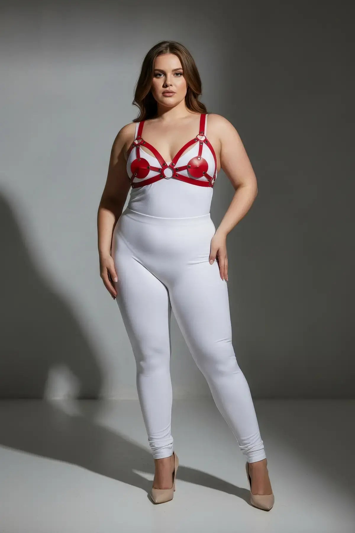 Plus-size red disc O-ring vegan leather chest harness by HarnessClub