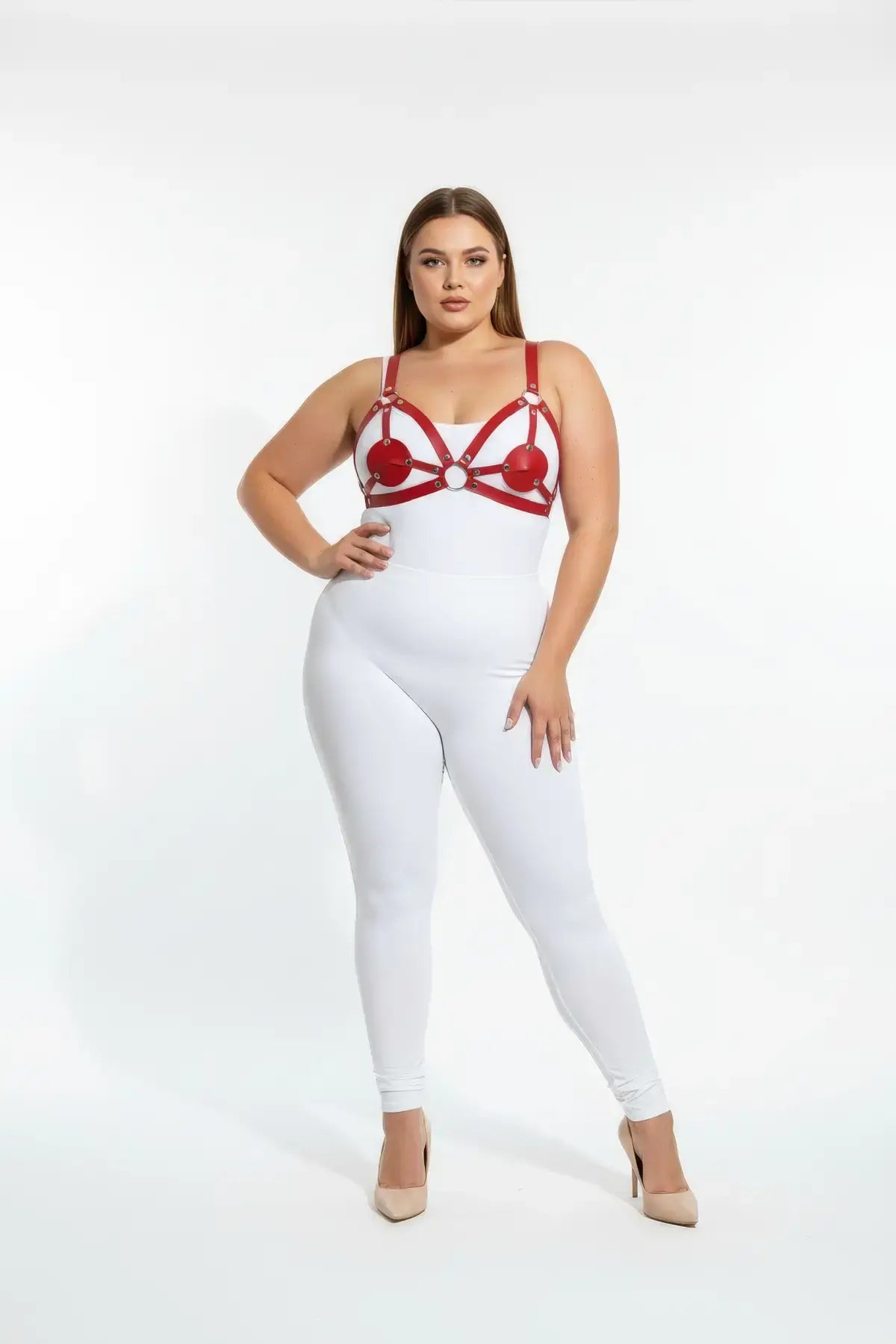 Plus-size red disc O-ring leather chest harness by HarnessClub; vegan leather