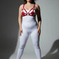 Plus-size red disc O-ring vegan leather chest harness with metal hardware