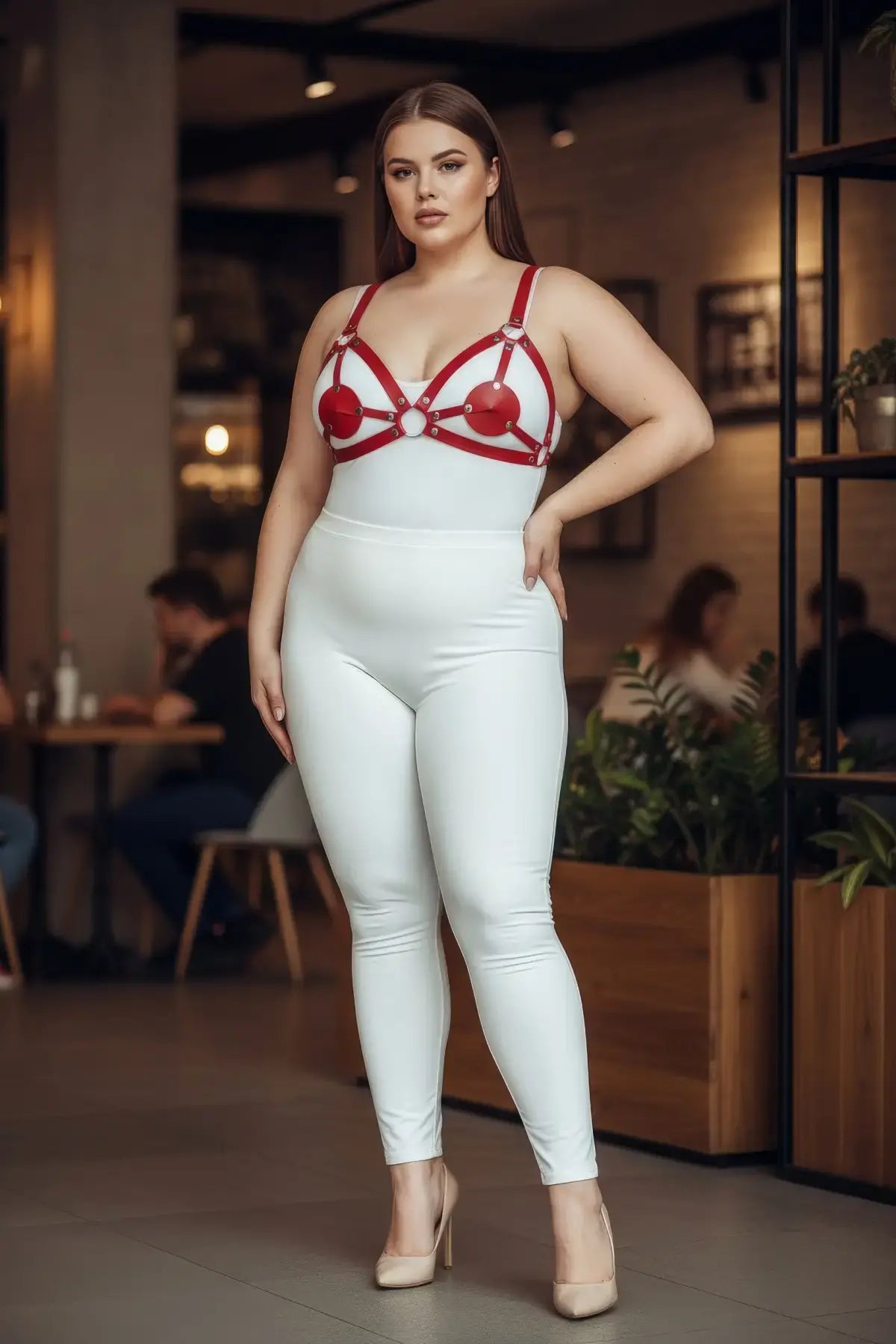 Plus-size red disc O-ring vegan leather chest harness by HarnessClub