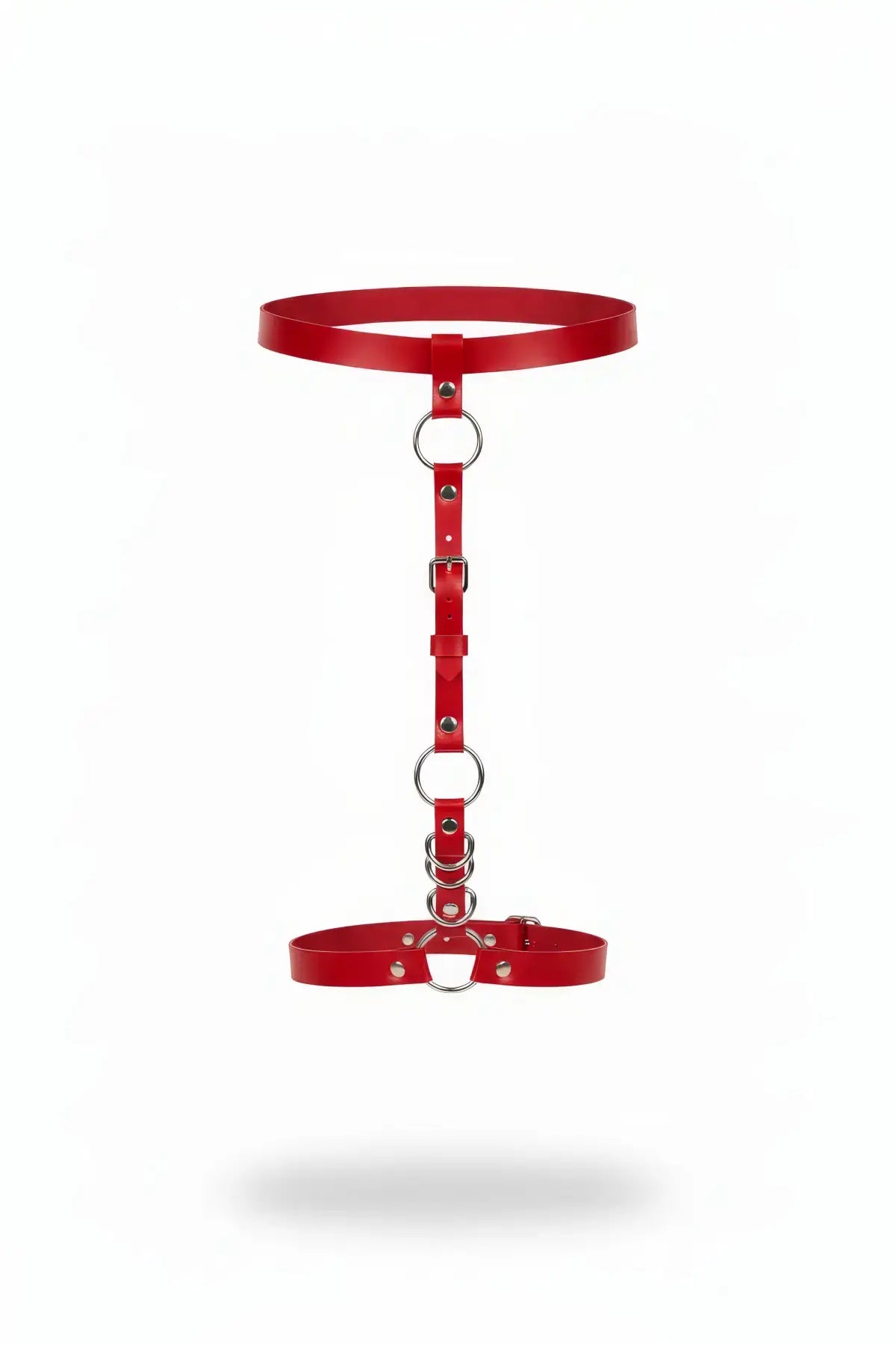 Plus Size red vegan leather double-band waist & O-ring suspender garter harness by HarnessClub