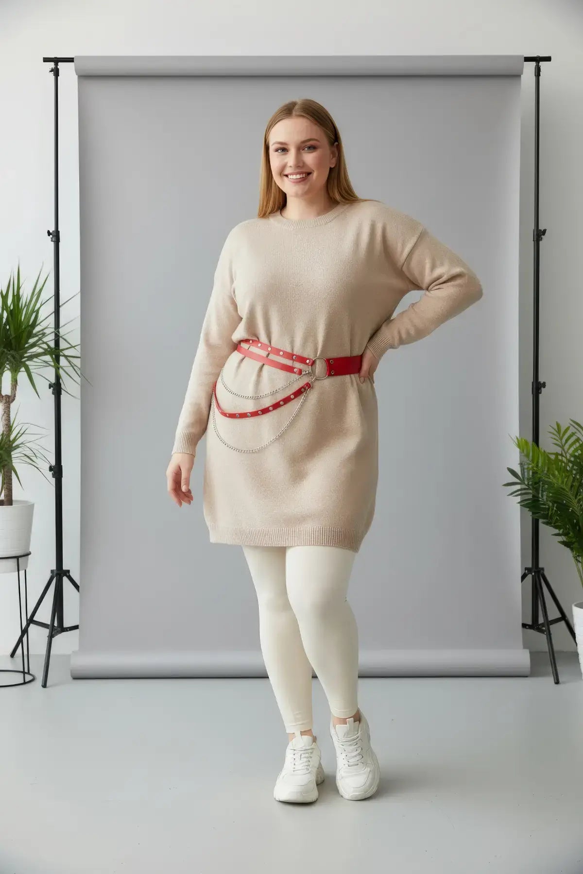 Plus size red double-layer chain waist belt by HarnessClub, vegan leather hip accessory worn over beige sweater dress