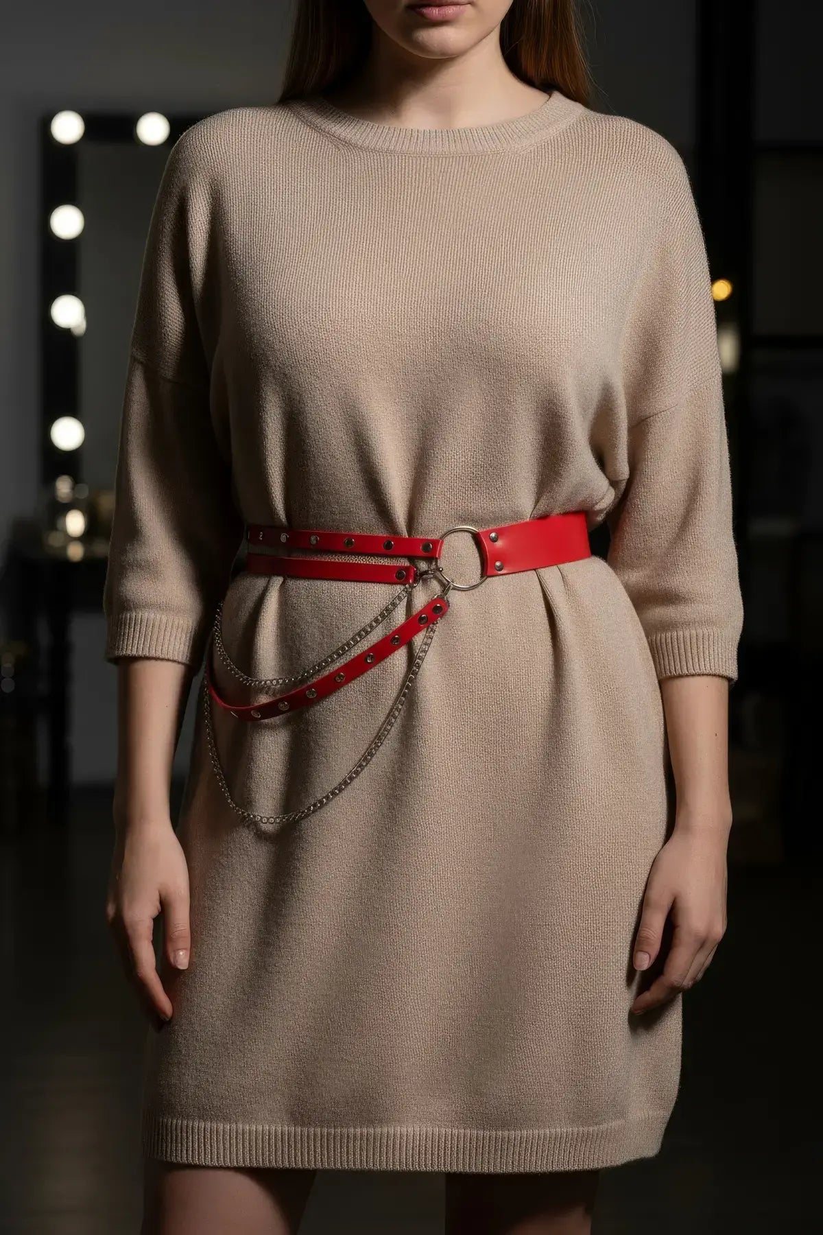 Plus Size Red Double-Layer Chain Waist Belt by HarnessClub; vegan leather with silver rings worn at the waist.