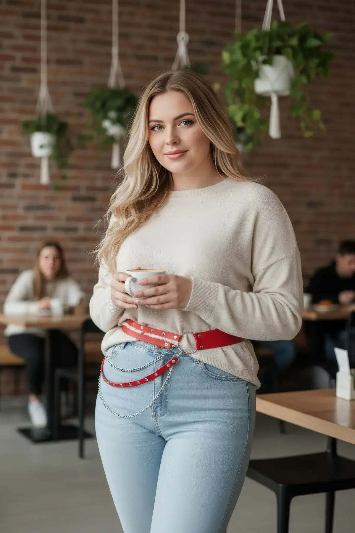 Plus Size Red double-layer chain waist belt in vegan leather with silver hardware
