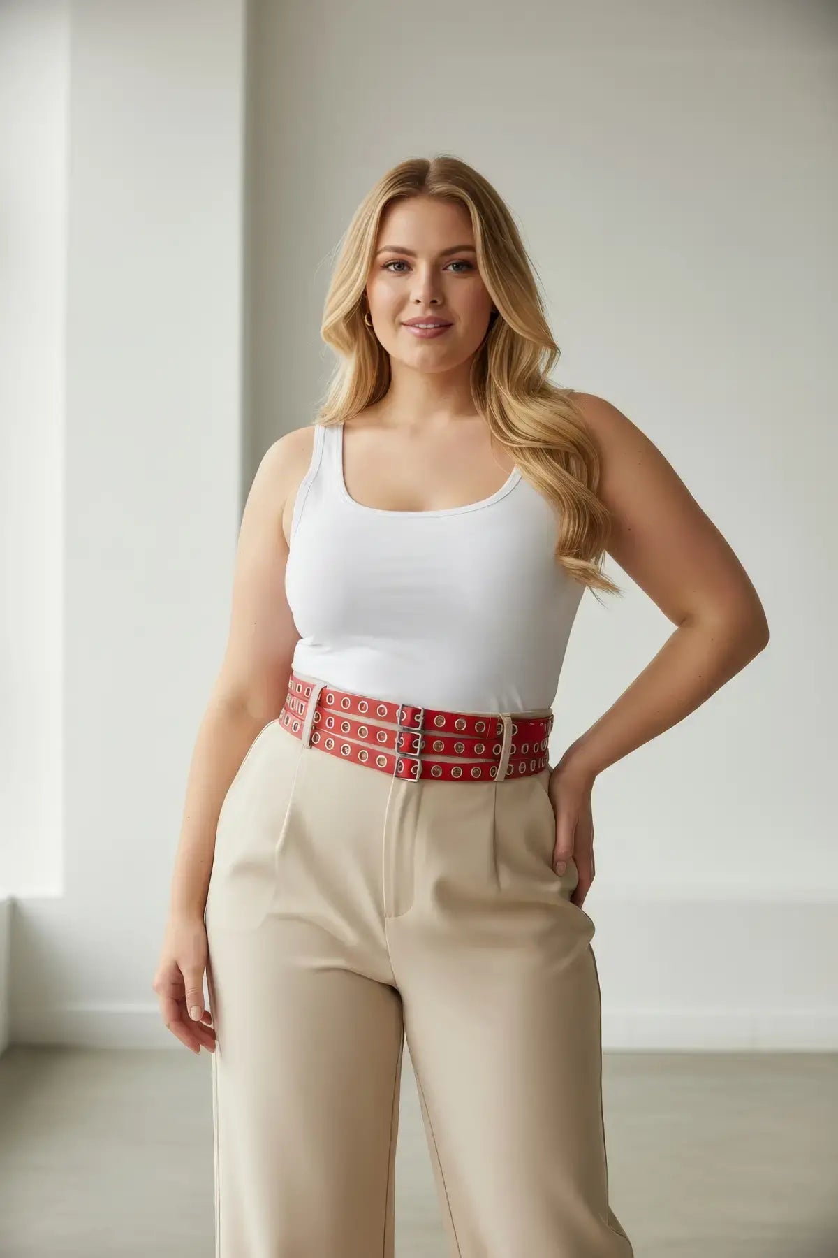 Plus size red double-row grommet belt with multiple buckles in vegan leather worn at the waist