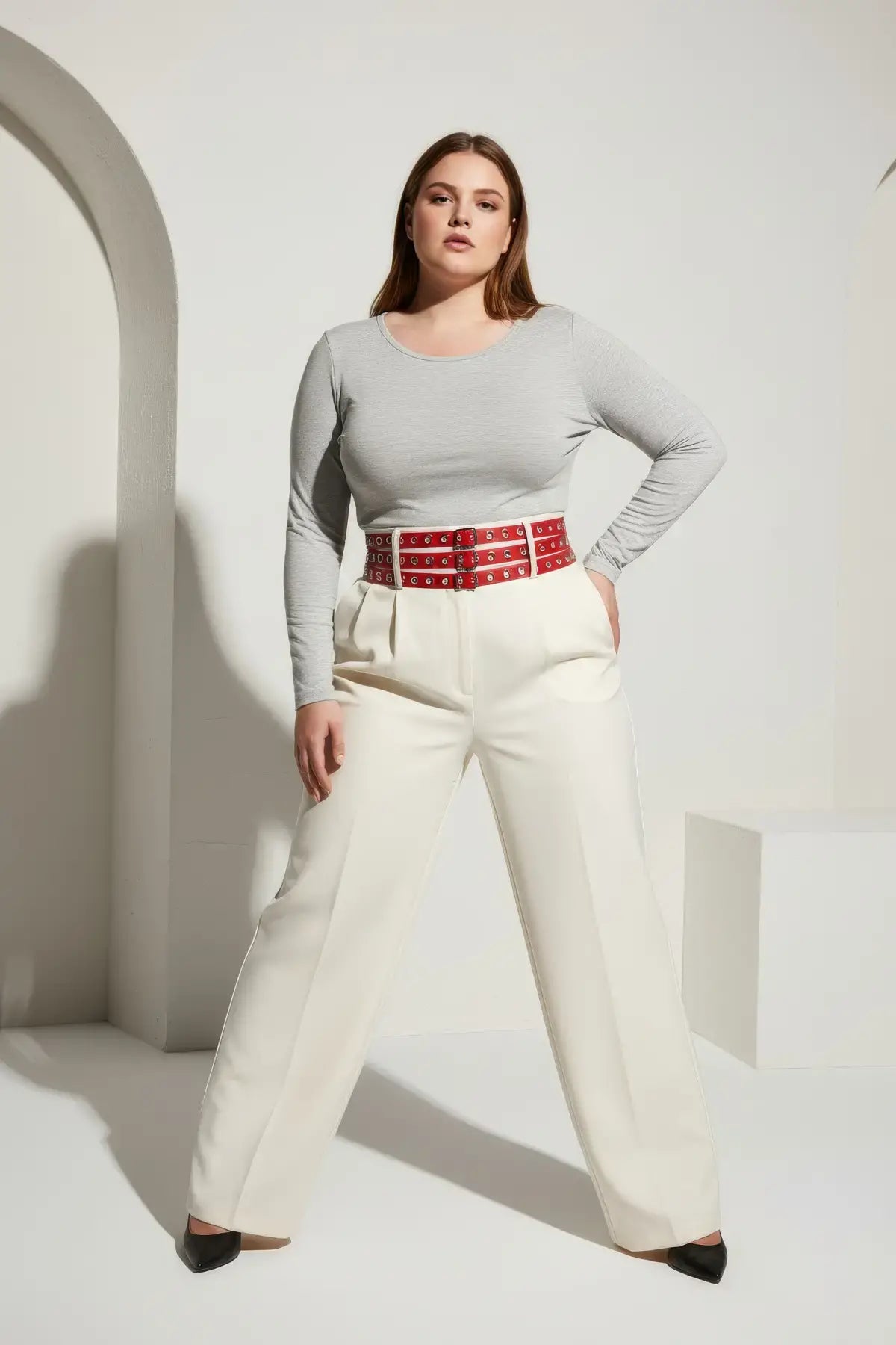 HarnessClub plus-size red double-row grommet wide belt with multiple buckles, vegan leather