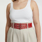 Plus-size red vegan leather belt with double-row grommets and multiple buckles HarnessClub