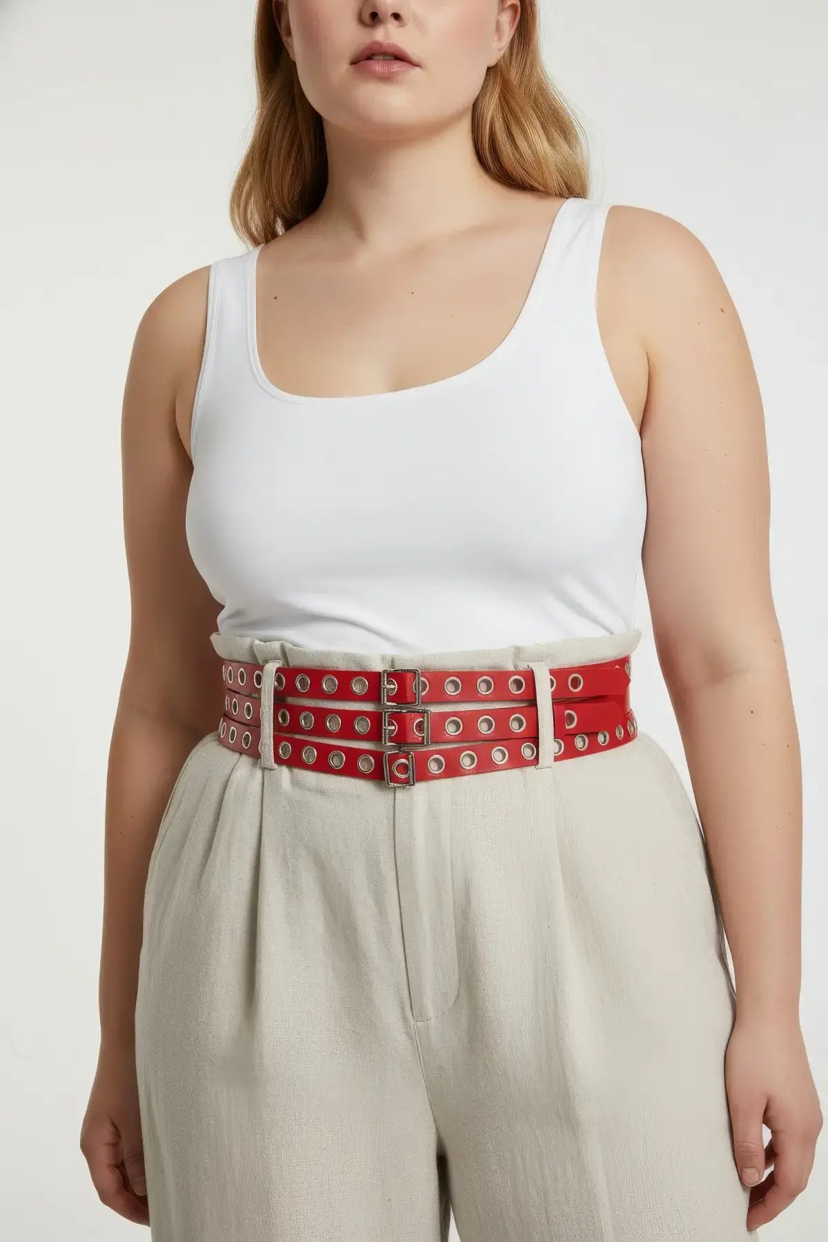 Plus-size red vegan leather belt with double-row grommets and multiple buckles HarnessClub