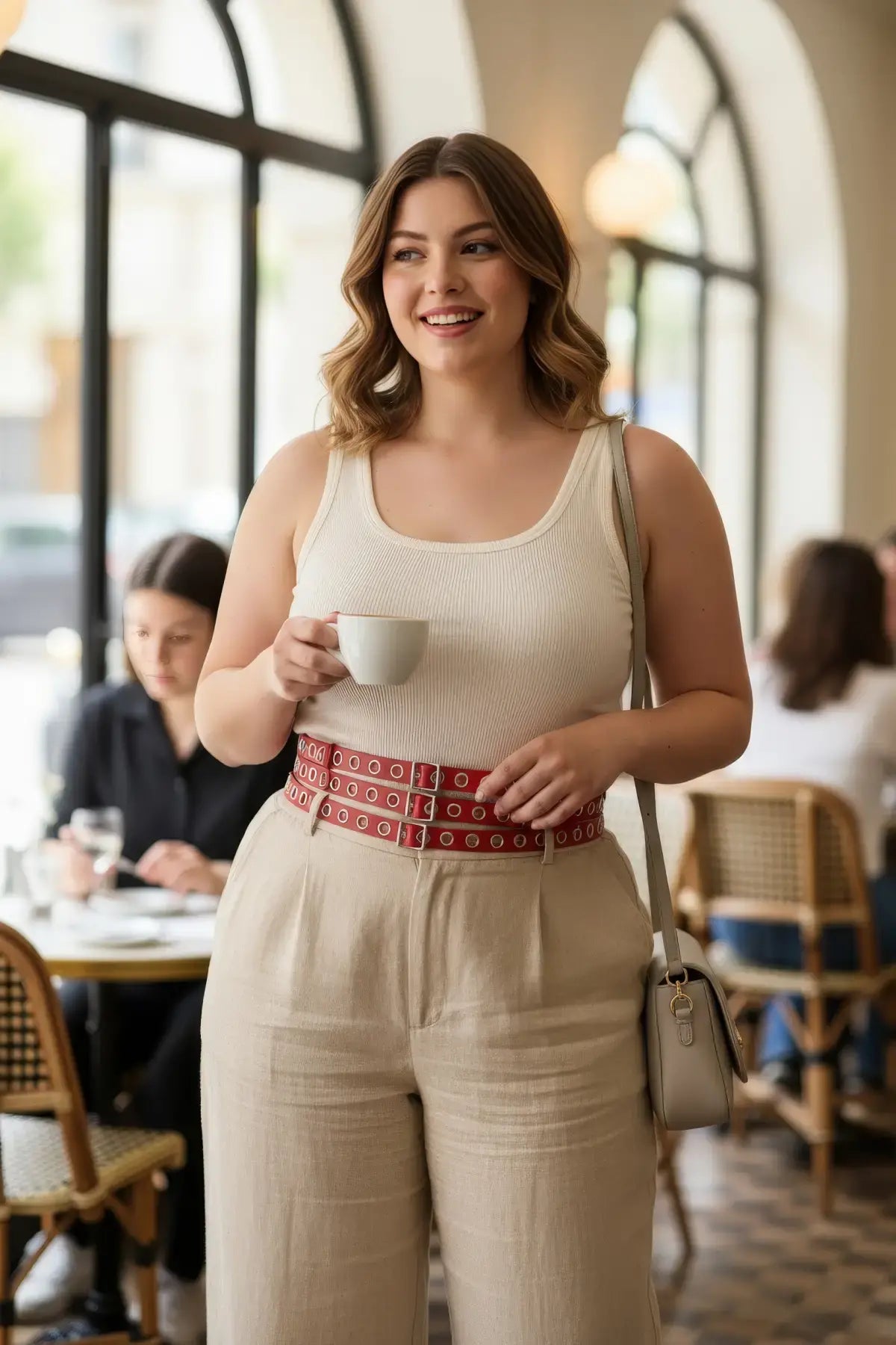Plus-Size red double-row grommet wide belt with multiple buckles in vegan leather by HarnessClub.