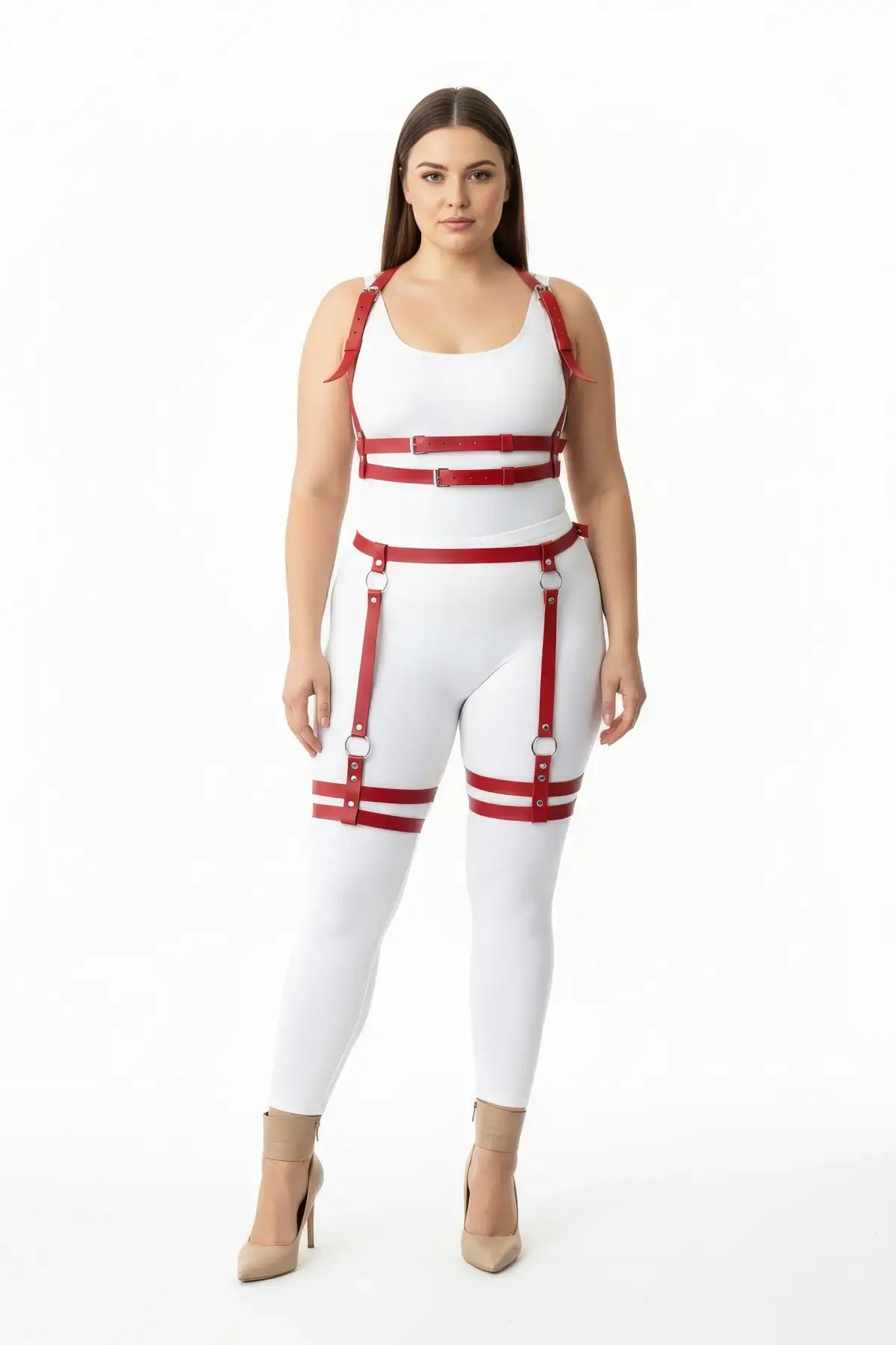 Plus Size Red Dual-Band Bralette & Garter Thigh Harness Set in vegan leather with strappy design
