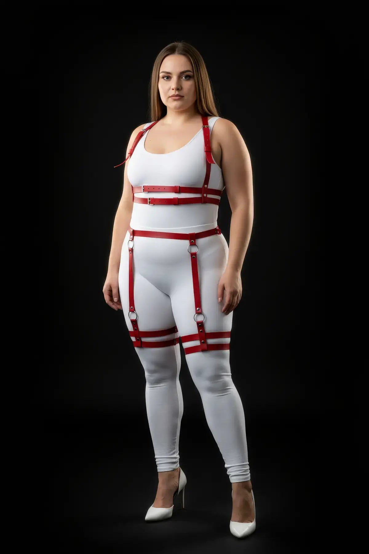 Plus Size Red Dual-Band Bralette & Garter Thigh Harness Set with vegan leather straps
