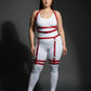 Plus-size red vegan leather dual-band bralette and garter harness set