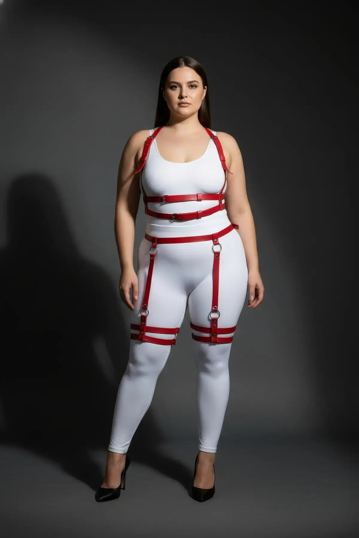 Plus-size red vegan leather dual-band bralette and garter harness set